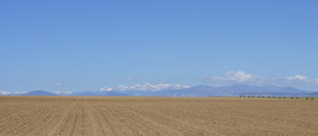 bean fields planted by northern feed and bean farmers with stunning view of the colorado rocky mountains